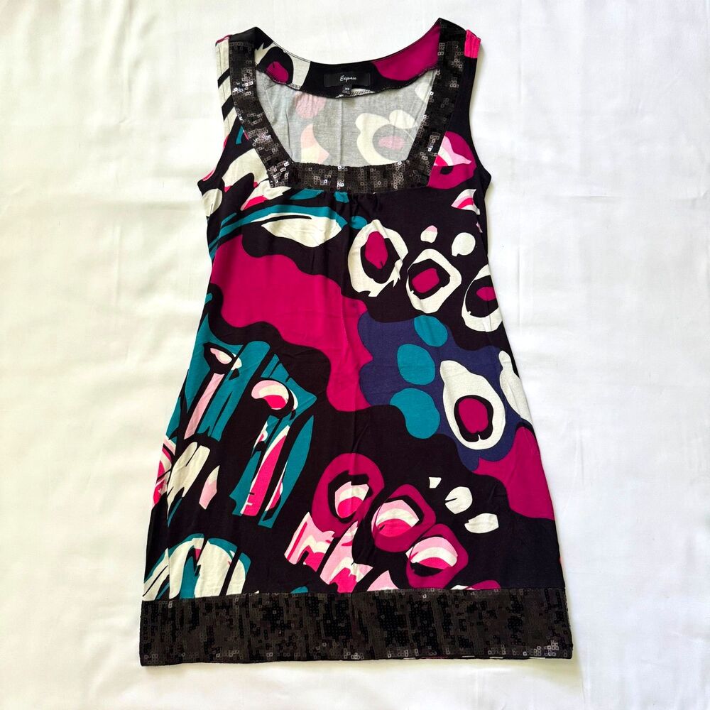 Vintage Express Mini Dress With Sequins Printed 2000s Y2K Size Extra Small XS